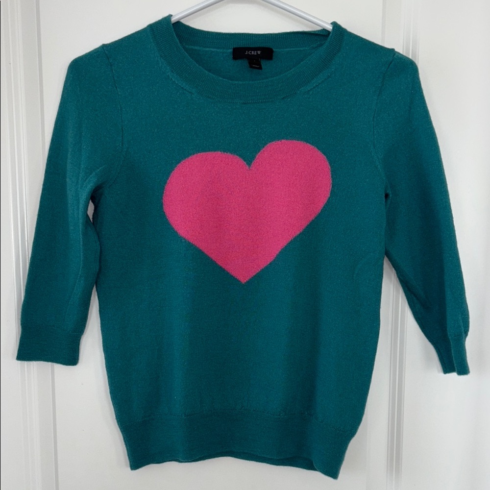 J. Crew Teal and Pink Heart Sweater